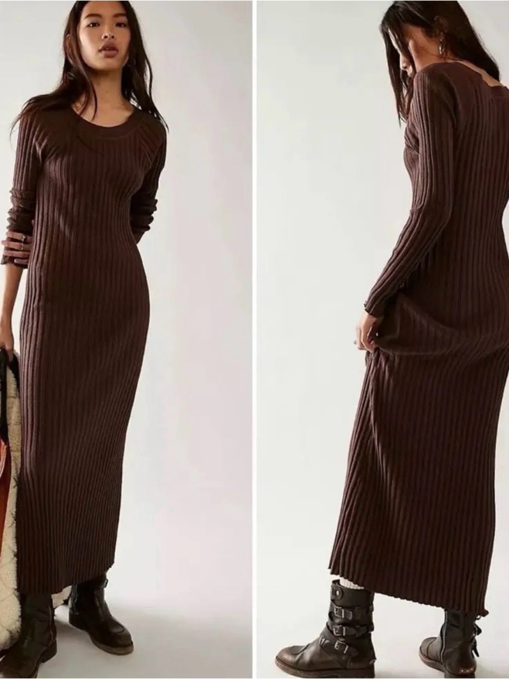 Free People Chocolate Brown Ribbed Long Sleeve Maxi Dress